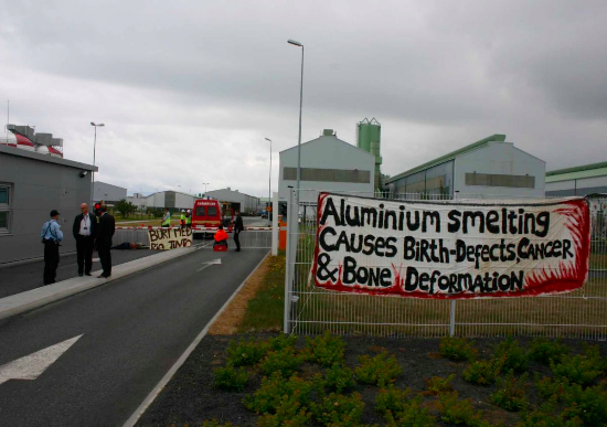 Banner at Saving Iceland's blockade of RioTinto-ALCAN's Straumsvik smelter, 2007.