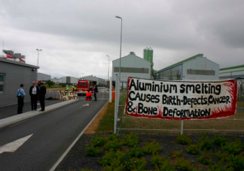 Banner at Saving Iceland\'s blockade of RioTinto-ALCAN\'s Straumsvik smelter, 2007.