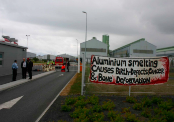 Banner at Saving Iceland's blockade of RioTinto-ALCAN's Straumsvik smelter, 2007.