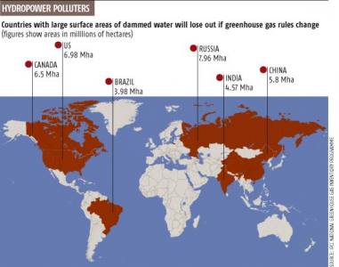 Map showing overview of significant GHG production from dams per country