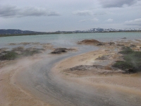 The Þeistareykir effluent lagoon, with stream coming from boreholes
